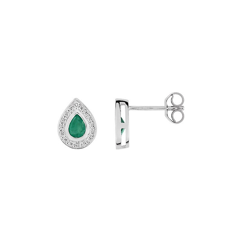 Boucles d'oreilles OR Blanc 750 ml Diamants et Emeraude