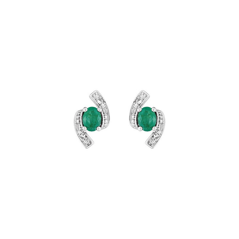 Boucles d'oreilles OR Blanc 750 ml Diamants et Emeraude