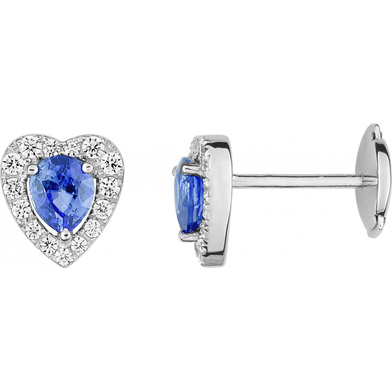 Boucles d'oreille Cœur  OR Blanc 750 ml Diamants et Saphir