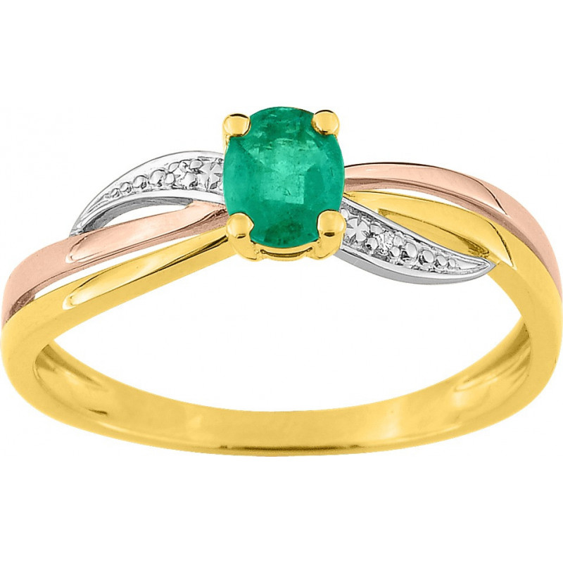 Bague OR Tricolore 750 ml Diamants et Emeraude