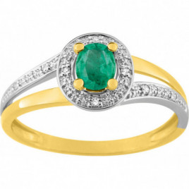 Bague OR Jaune et Blanc 750 ml Diamants et Emeraude